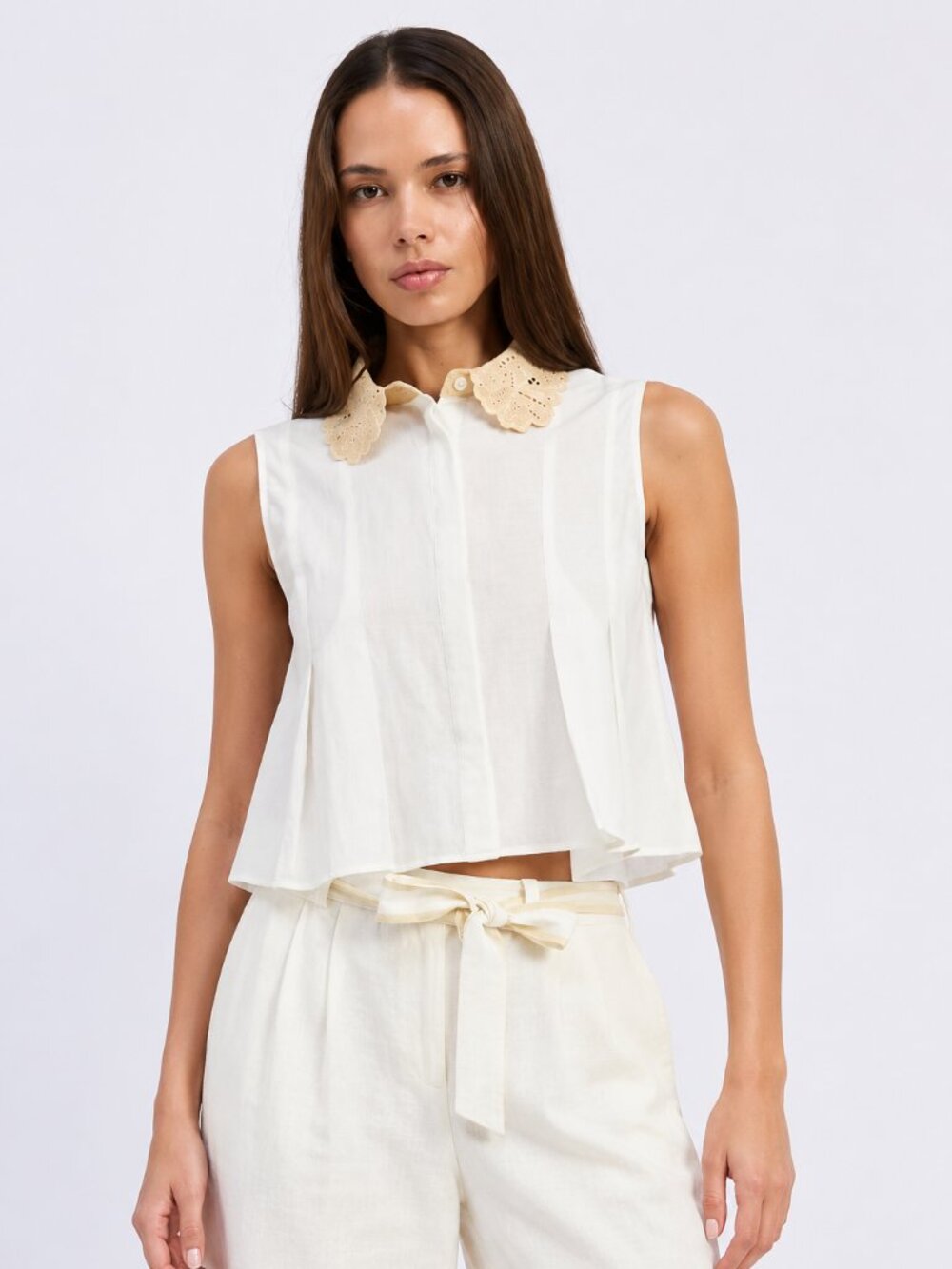 Anthropologie En Saison Anna Pleated Crochet Collar Sleeveless Top Medium